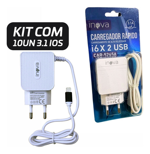 Kit 10 Carregador Inova Rápido 3.1 Compatível Com iPhone