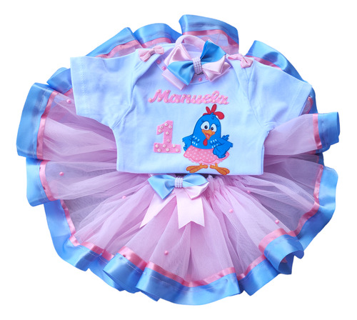 Conjunto De Tutu Galinha Pintadinha Rosa Body Saia Faixa 