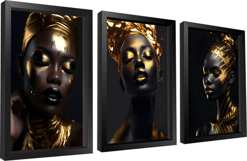 Quadro Decorativo Mulher Negra Dourada Gold Para Sala Quarto