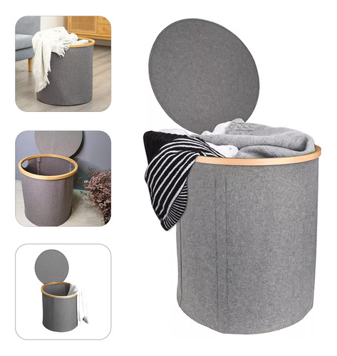 Cesta Ropa Sucia Canasto Plegable Gris Borde Bambu Redonda