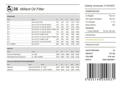 Filtro Aceite Millard Ml36 Encava Ford Tractor Porsche Volvo Foto 8