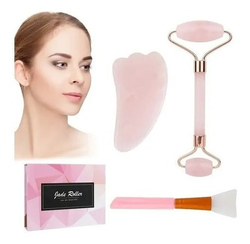 Kit De Rodillo Facial D/cuarzo Rosa, Jade P/rejuvenecimiento