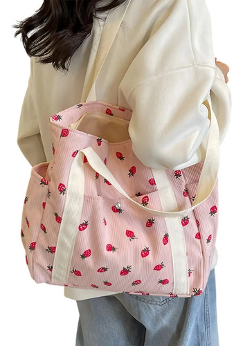 Bolso De Mano De Pana Con Estampado De Fresa Para Mujer