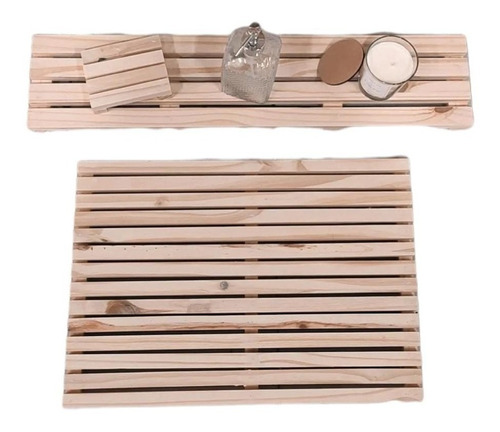 Kit Bandeja De Baño + Jabonera  Alfombra Deck Madera Nordico