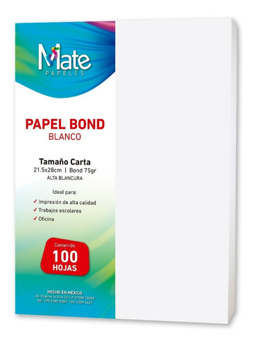 Mate | Papel Bond 75 G | Tamaño Carta | 100 Hojas