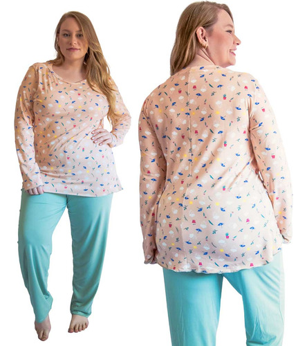 Pijama Outono Inverno Plus Dormir Feminina Frio Elegante