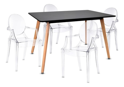 Juego Comedor Mesa Eames Negra + 4 Sillas Ghost Con Brazos