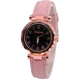 Relógio Feminino Dourado Rose Pulseira Couro + Lindo Brinde