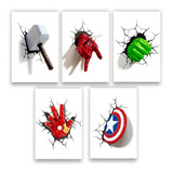 Kit 5 Quadrinhos 3d Placas Decorativas Marvel Herois