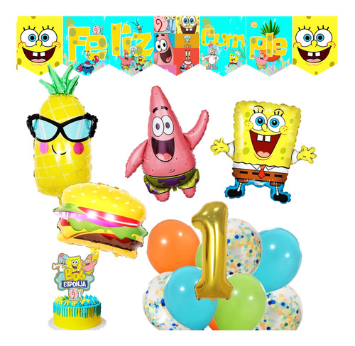 Pack Decoración Globos Bob Esponja Patricio Numero Toppers