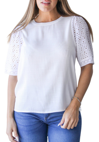 Blusa Manga Princesa Borderie Lino Eslastizado Talle Grande