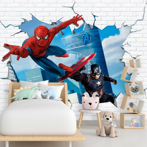 Papel Adesivo Quarto Menino Avengers Vingadores 2,00 X 1,00 Cor Papel De Parede Homem Aranha E Capitão America Infantil 3d Buraco