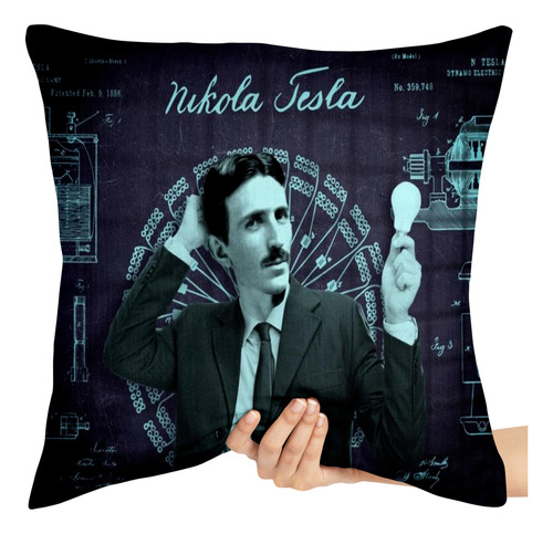 Almofada Quadrada Grande Nikola Tesla Gênio Elétrica Lâmpada