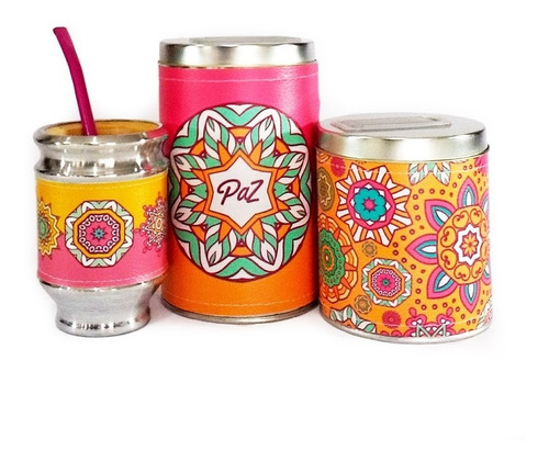 Combo Mate Aluminio Madera Yerbera Azucarera Latas Mandalas