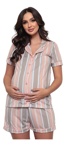 Pijama Americano Feminino Gola Lapela Listras Luna Cuore