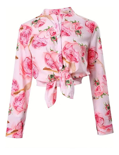 Blusa De Manga Larga Con Botones Estampado Floral Para Mujer