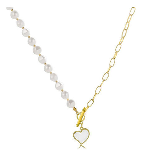 Collar Corazón Mitad De Perlas - Acero Bañado En Oro 18k