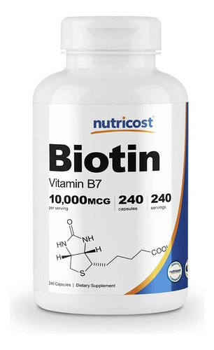 Biotina Vitamina B7 Nutricost 10,000mcg 240 Cápsulas Sabor Sin Sabor