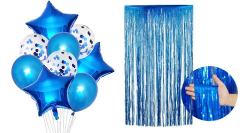 1 Buque 9 Balões + 2 Cortinas Holográficas 1x2m- Azul Escuro