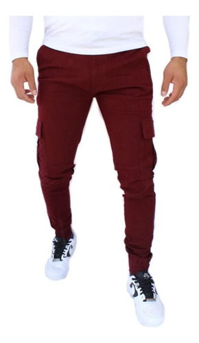 Pantalón Jogger Cargo Skinny De Gabardina Strech Vino