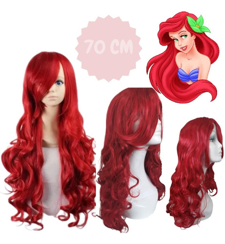 Peruca Ariel Cosplay Vermelha Ondulada  + Touca Wig  Brinde