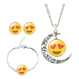 Set Collar Pulsera Aretes Media Luna Emojis Emoticones Mujer