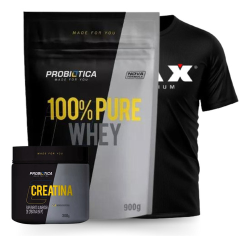 Whey 100% 900g + Creatina 300g Probiótica + Camiseta Dryfit