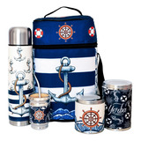 Equipo De Mate Completo Marinero Azul Cuero Set Kit Matero 