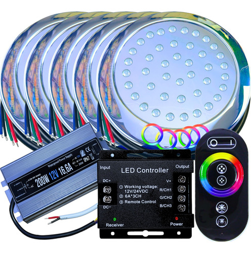 05 Luminária Led P/ Piscinas 12v Rgb 35w Inox Touch + Fonte