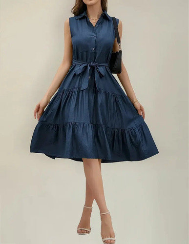 Vestidos Mujer Midi Cinturón Cuello En V Casual | MercadoLibre