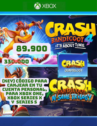Crash Bandicoot Quadrilogy (4 Juegos) Xbox One, Series X Y S