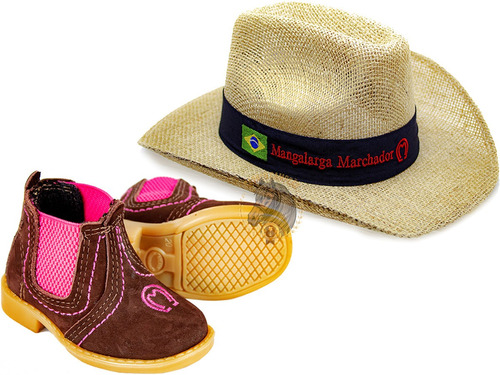 Kit Feminino Chapeu Mm + Bota Infantil Country Em Couro Rosa