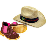 Kit Feminino Chapeu Mm + Bota Infantil Country Em Couro Rosa