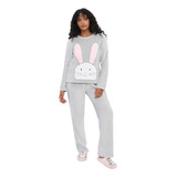 Pijama Mujer Polar Diseño Gris Conejo Corona