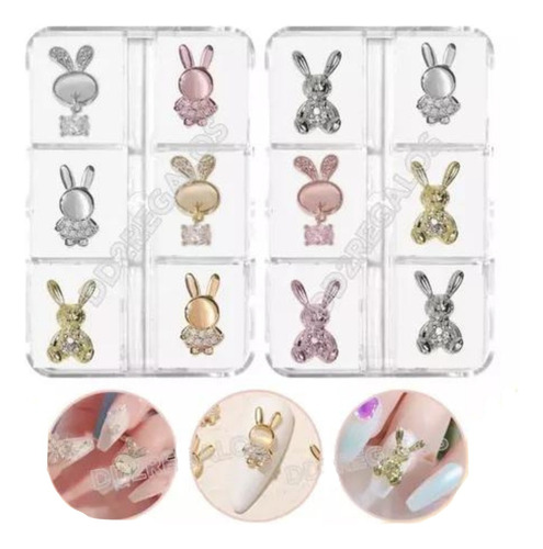 6 Dijes Strass Conejo Gema 3d Apliques Uñas Decoracion Caja