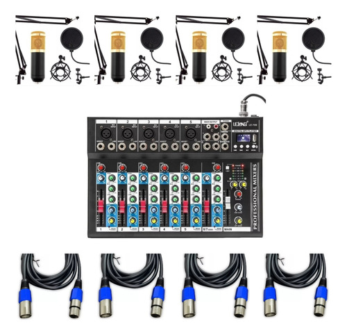 Novo Setup Sistema Podcaster Kit Mesa De Som + 4 Microfones