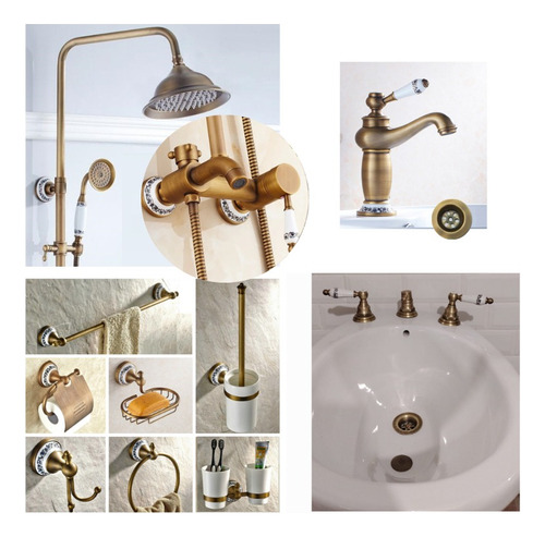 Combo Bronce Completo Griferia Ducha +bacha+bidet+accesorios