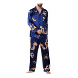 Pijama De Hombre De Lujo De Seda Dragón Slim Fit Suave De La