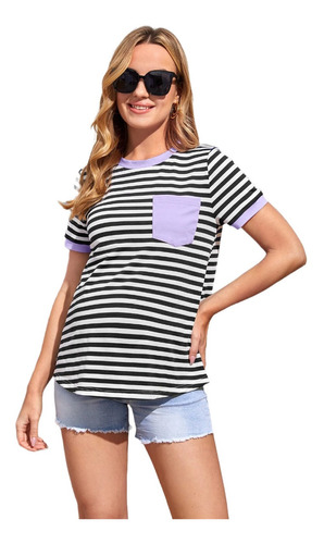  Maternidad Camiseta Blusa De Rayas Con Bolsillo Delantero 