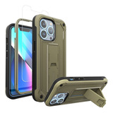 Funda Para iPhone 13 Pro 6.1 Verde Militar Vidrio Y Soporte