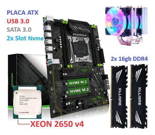 Kit Green X99 + Xeon 2670 + 32gb Ddr4 +  Cooler Led 