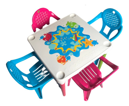 Juego De Mesa Infantil Decorada Con Cuatro Sillas De Colores