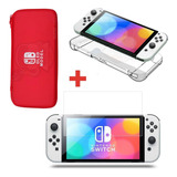 Kit Bag + Case + Película De Vidro Para Nintendo Switch Oled Cor Bag Vermelha + Capa Silicone Transparente