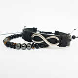 Kit 2 Pulseiras Masculinas Couro Infinito Onix Hematita