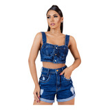 Conjunto Jeans Cropped Botões E Short Arrumado Barra Feita