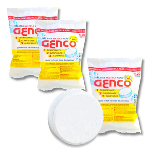 Cloro Para Piscina Kit 3 Pastilhas 200gr Multipla Ação Genco