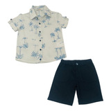 Conjunto De Verão Infantil Menino Bermuda E Camisa Coqueiros