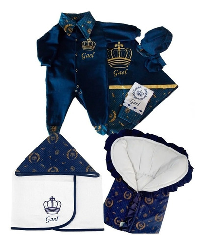 Kit Saída De Maternidade Personalizado Com Nome 7 Peças Azul