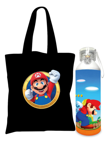 Tote Bag Negro Mario Bros + Botella En Aluminio -estampaking