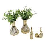 Kit Decoração 02 Vasos Dourado + 2 Gato + Planta